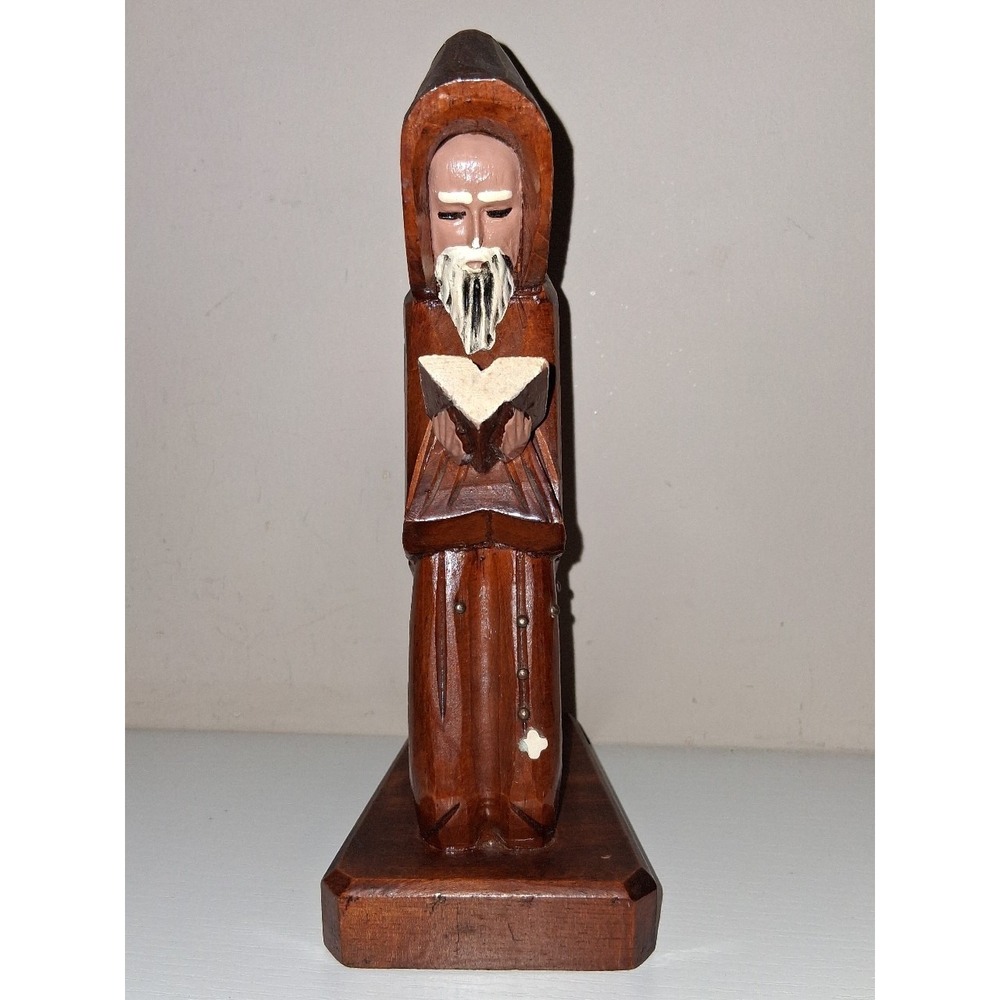Vintage Hand Carved Monk Figurine Reading Book Wood Sculpture Made in Mexico 9"